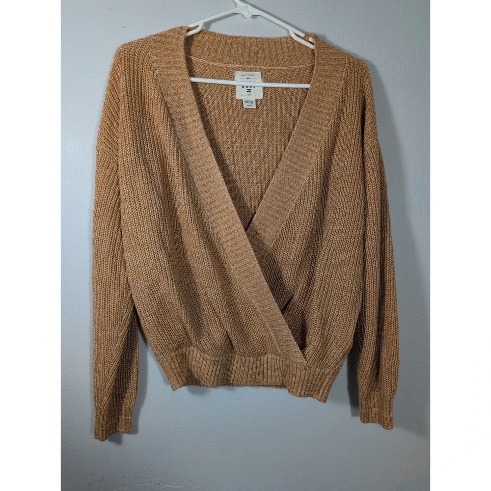 Billabong Sweet Bliss Surplice Sweater Size Medium Brown Open Knit V-Neck